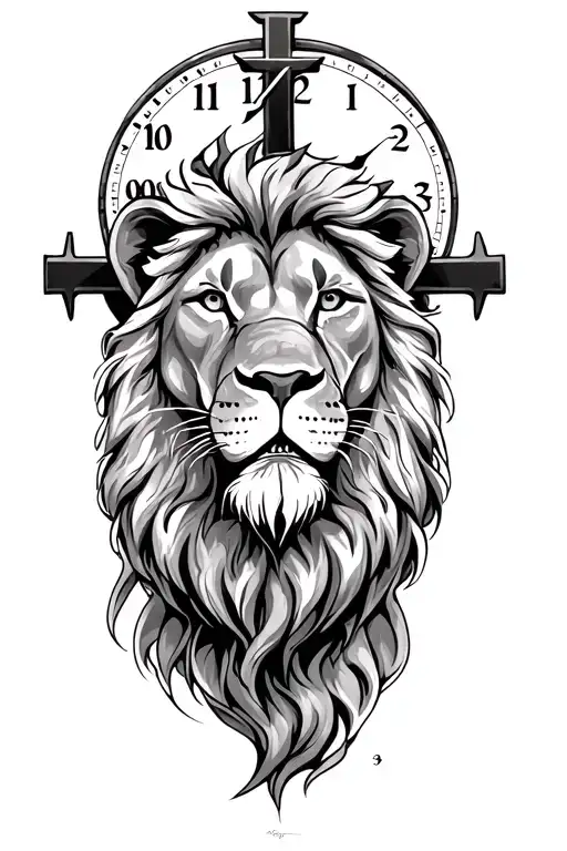 a lion with a cross a clock face tattoo design idea