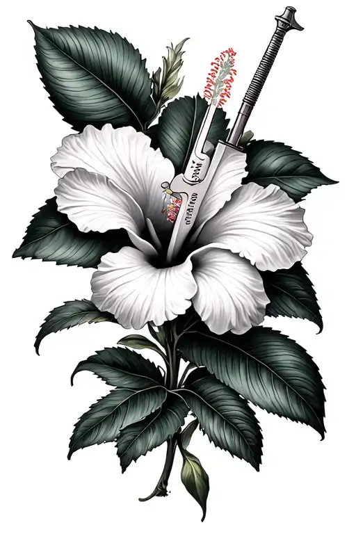 Hibiscus flower with sibling names written inside and a weapon of being an oldest female for back (spine) tattoo design idea