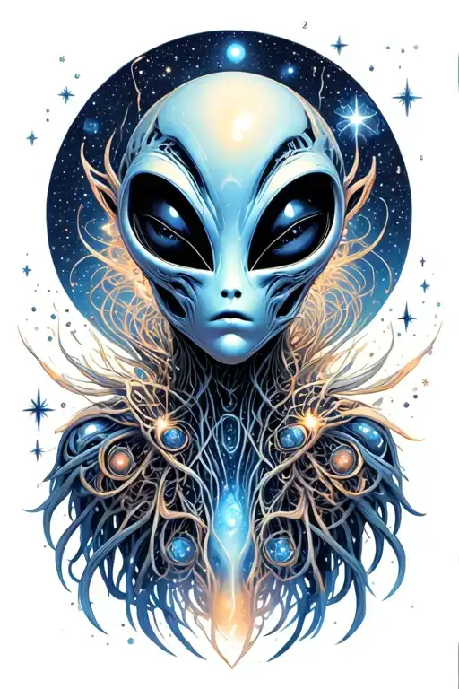 an alien's soul brilliance in the cosmos is revealing secrets from a cluster of stars tattoo design idea