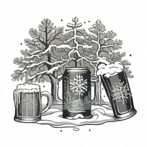 trees, snowflakes, beer tattoo design idea