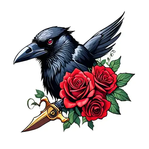 Raven, knuckle dusters, roses, dagger tattoo design idea