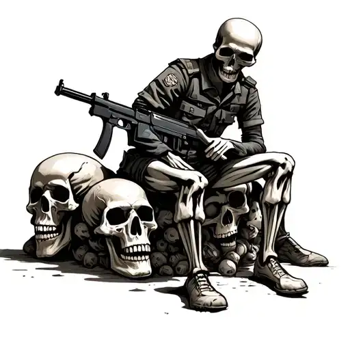 It is necessary to draw a skeleton in military uniform, which sits on a large number of skulls, in the hand of the skeleton AK4 tattoo design idea