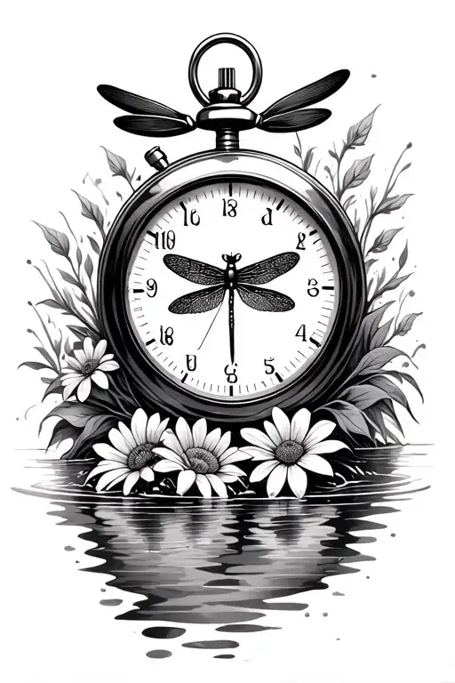 dragonfly flowers stopwatch inside A stream tattoo design idea