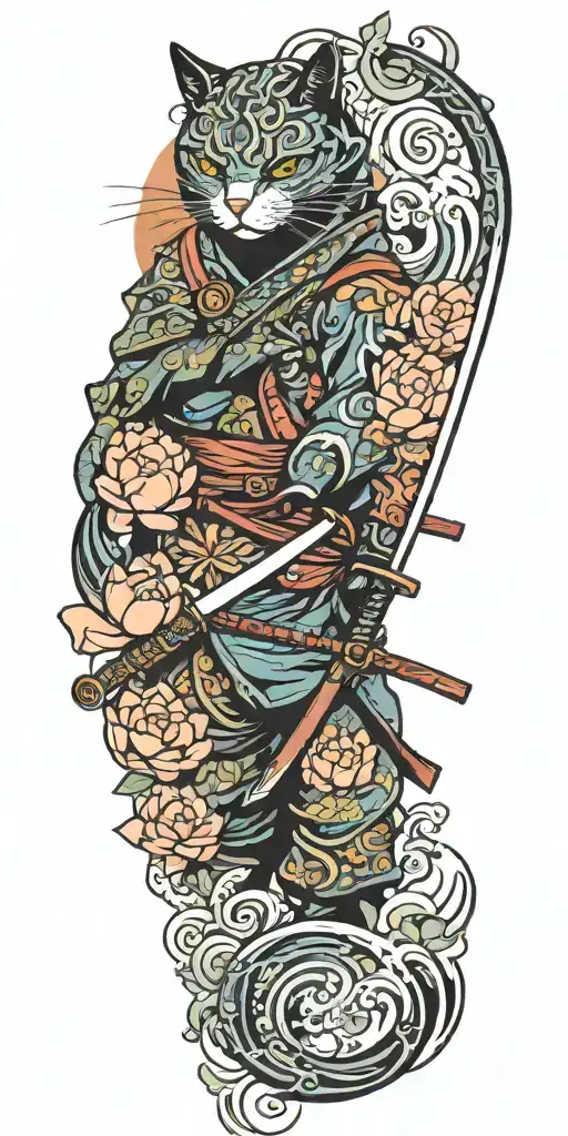 ninja cat holding katana, tail, water, waves, lotus, sakura, clouds, whirlpool, leaves, peony, sunset tattoo design idea