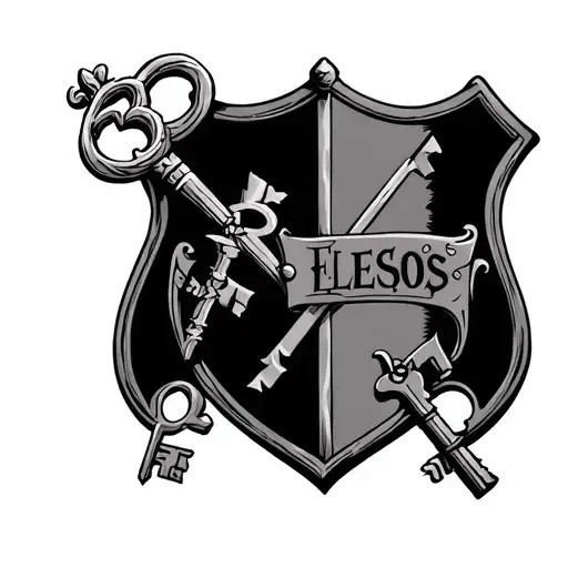 TWO CROSSED ENGLISH KEYS AND A MEDIEVAL SHIELD THAT SAYS ELESOS tattoo design idea