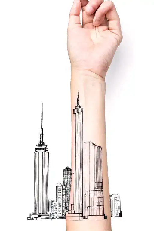 Generate a tattoo with the world's tallest skyscrapers on your forearm in the style of a sketch or drawing tattoo design idea