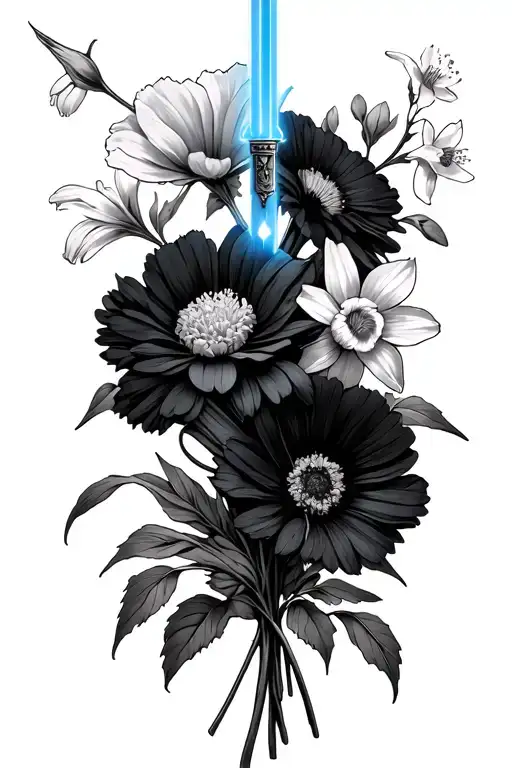 lightsaber bouqet of carnation, snowdrop, daffodil, cherry blossom, marigold, and cosmos flowers tattoo design idea