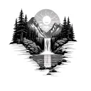 mountains with a waterfall at the bottom and a sun in the sky with trees tattoo design idea