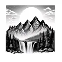 mountains with a waterfall at the bottom and a sun in the sky with trees tattoo design idea