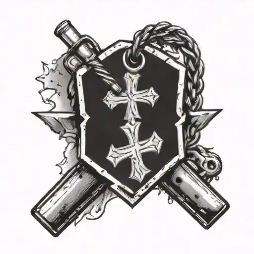 Military ID tags shaped like cross with infantry cross rifles in the background tattoo design idea