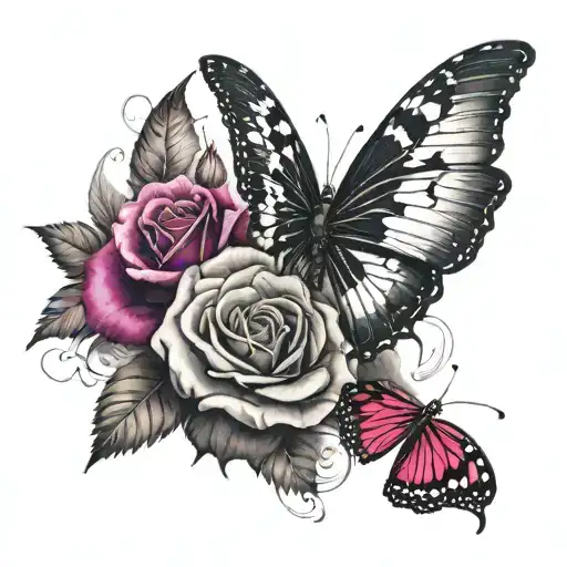 a Black and White Rugby ball with Gold Rose Roses and an ombré of magenta and Raspberry color to a dark red butterflies. tattoo design idea