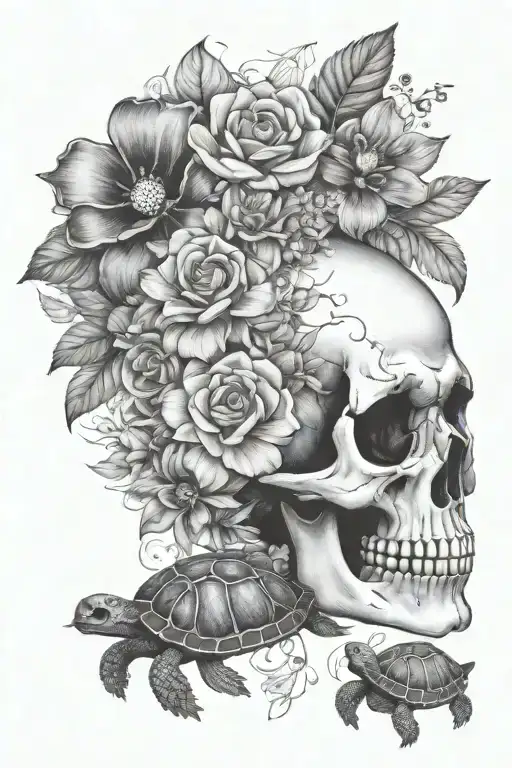 flowers, skull and turtle tattoo design idea