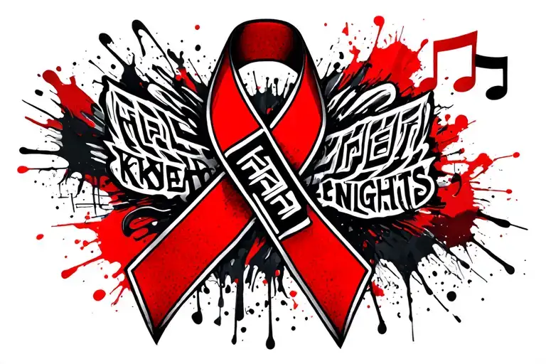 colon cancer ribbon with NRL knights logo and music notes tattoo design idea