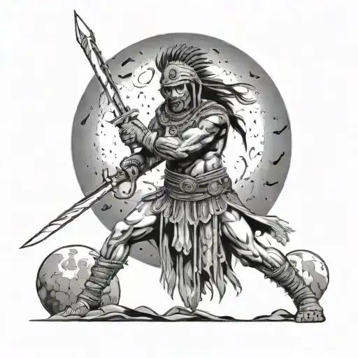 a indian warrior standing holding his sword coverd in blood looking at moon tattoo design idea