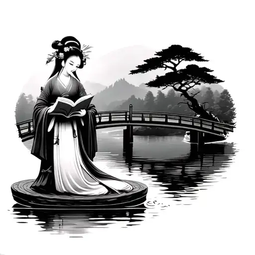 Japanese Bridge geisha holding open book by a tranquil lake tattoo design idea