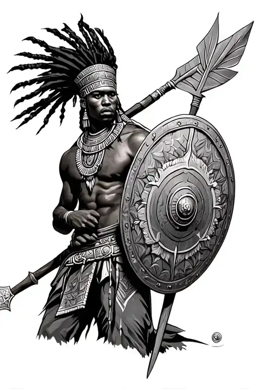 African warrior with spear and shield  tattoo design idea