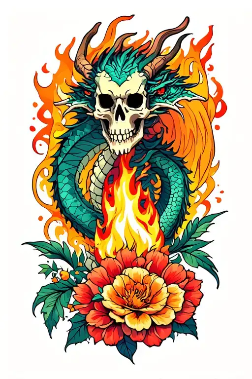dragons, flowers, fire, and skeletons down the arm tattoo design idea