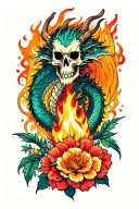 dragons, flowers, fire, and skeletons down the arm tattoo design idea