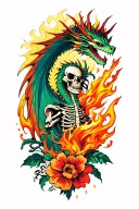 dragons, flowers, fire, and skeletons down the arm tattoo design idea