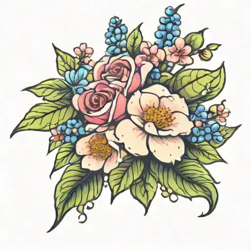 camellia, apple blossom, bluebonnet bouquet wrapped tattoo design idea