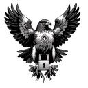 hawk with wings outspread with a lock in the center of its chest  tattoo design idea