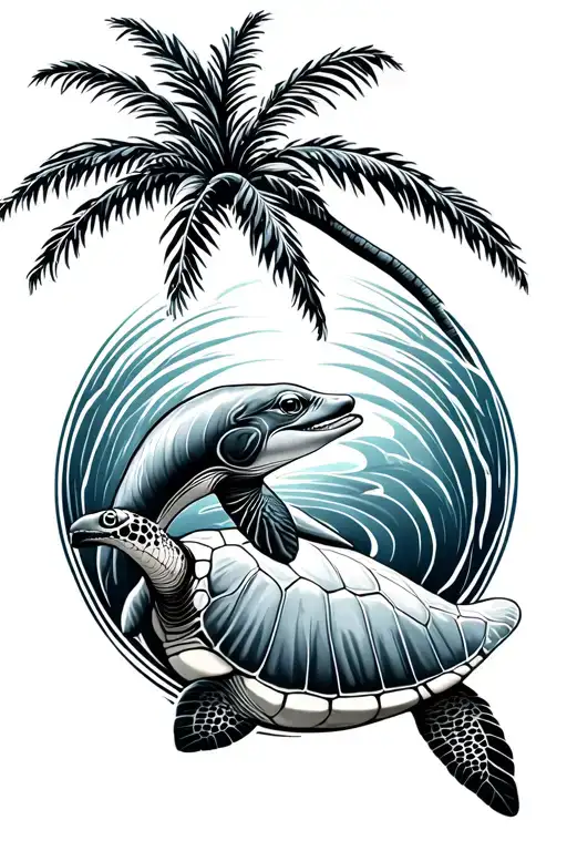 palm tree dolphin turtle swimming gracefully tattoo design idea