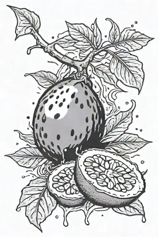 A man's hand looks up, squeezes a passion fruit in his fist, juice splashes out of it and flows down his arm. The arm wr tattoo design idea