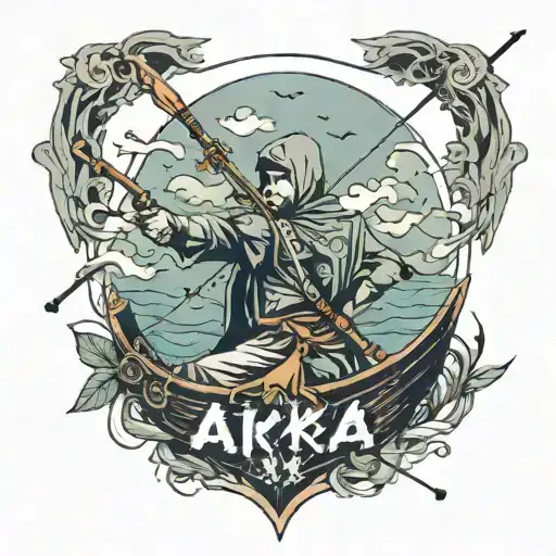 *Man in a boat holding a bow with an arrow made out the word aika aiming it at Pisces  tattoo design idea