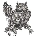 Yin Yang lion and Owl blindfolded  tattoo design idea