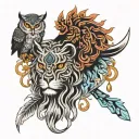 Yin Yang lion and Owl blindfolded  tattoo design idea