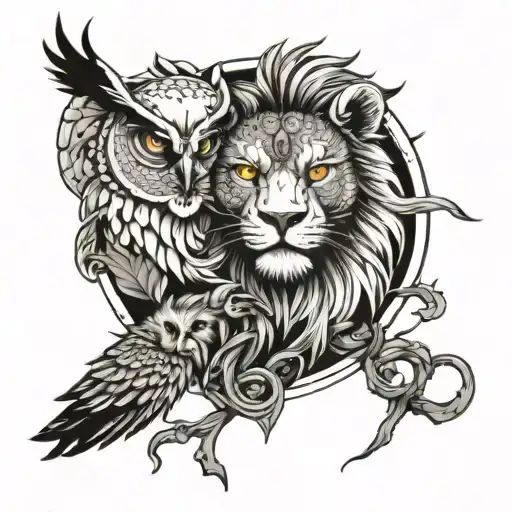 Yin Yang lion and Owl blindfolded  tattoo design idea