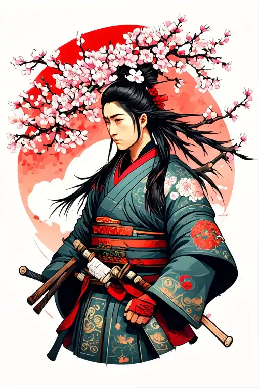 japan warrior with sakura tree tattoo design idea