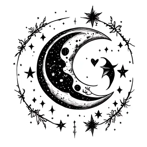 A celestial love story between the moon and stars, symbolizing eternal love and fate tattoo design idea