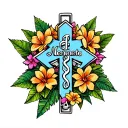 EMS star of life surrounded by Hawaiian flowers and leaves with skulls and Memento Mori written outside  tattoo design idea