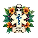 EMS star of life surrounded by Hawaiian flowers and leaves with skulls and Memento Mori written outside  tattoo design idea
