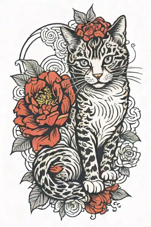 cat surrounded with japanese style red peonies flower tattoo design idea
