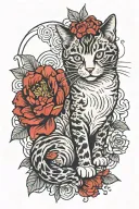 cat surrounded with japanese style red peonies flower tattoo design idea