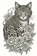 cat surrounded with japanese style red peonies flower tattoo design idea
