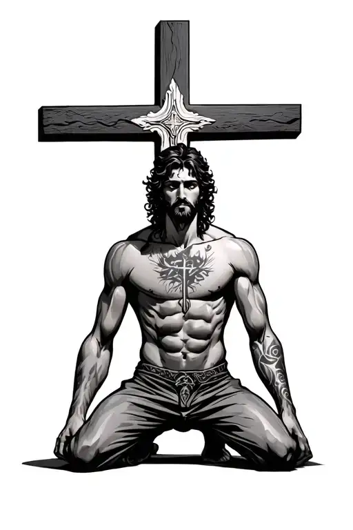 guy kneeling before cross  tattoo design idea