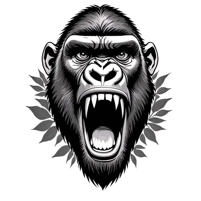 Gorilla roaring with smokey eyes like fire leaves in background tattoo design idea