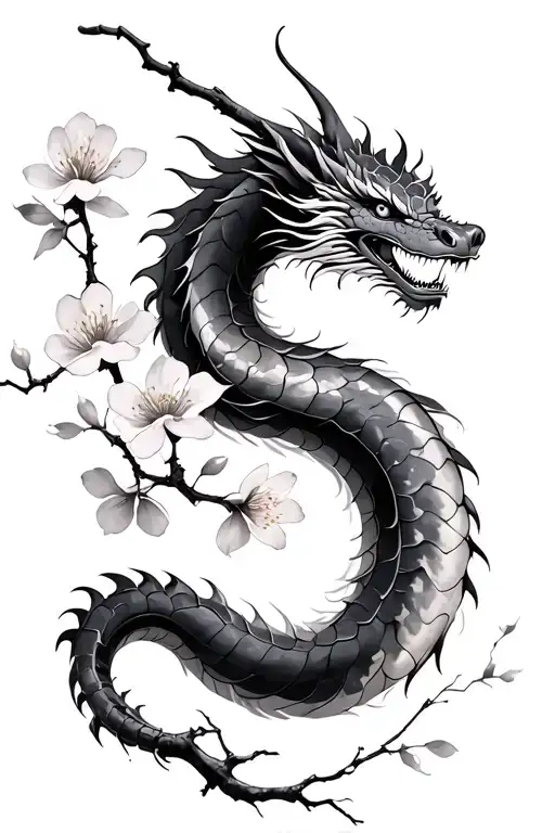 cherry blossom branch with water paint japanese dragon tattoo design idea