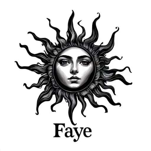 fine line sun with the name Faye tattoo design idea