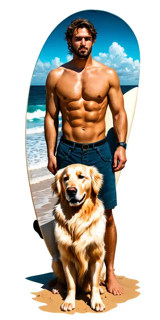 a man standing on a beach, holding a surfboard at his side. A golden retriever dog sits next to him, both gazing at the  tattoo design idea