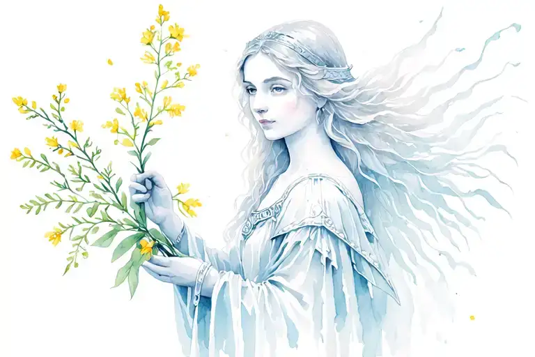 make me a tattoo of norse goddess Eir holding a branch of meadow sweet tattoo design idea