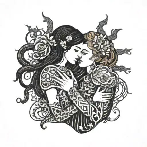 two lesbian huggin each others style like a  tarot card tattoo design idea