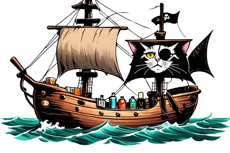 pirate ship with cat captain at the bar, the cat has an eye patch tattoo design idea