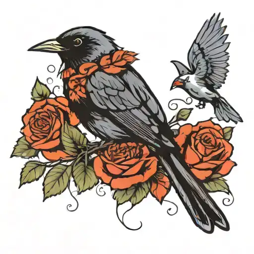 small blackbird flying, an airplane and a rose intertwined tattoo design idea