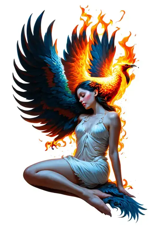 Woman lying sideways that comes out of the chest and fire comes out a phoenix tattoo design idea