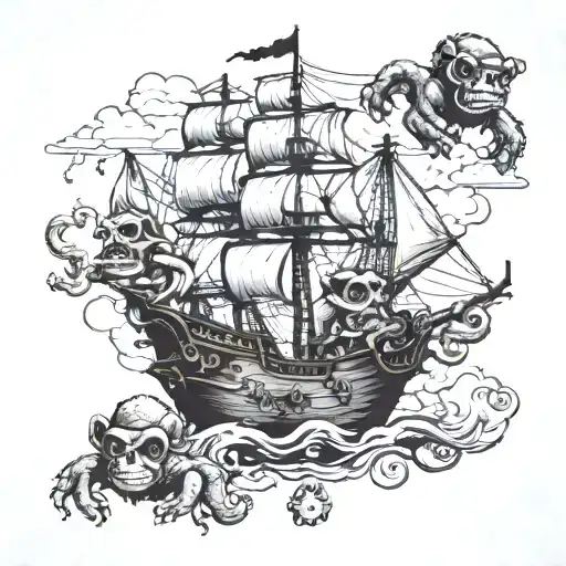 Pirate ship Octopus Monkeys and zombie gorillas tattoo design idea