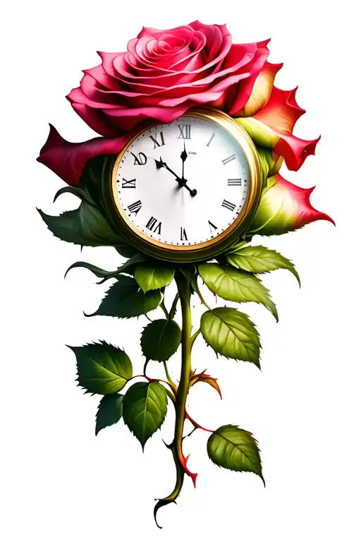 clock melting down into giant rose bud tattoo design idea